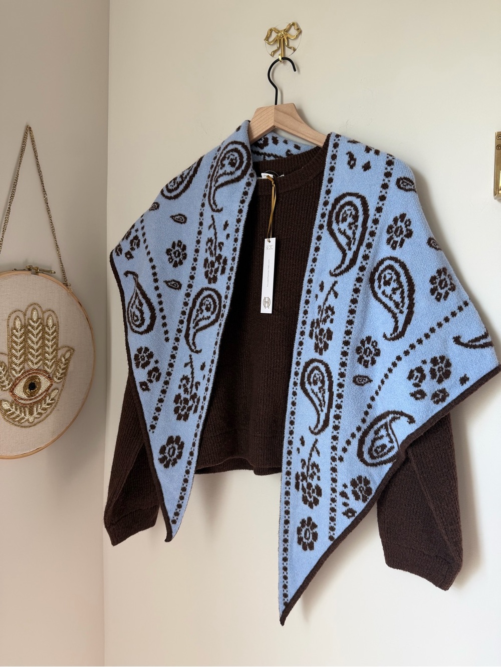 Brown Sweater with Light Blue Paisley triangle scarf